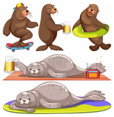 Illustration for Set of seal cartoon character in the summer illustration - Royalty Free Image