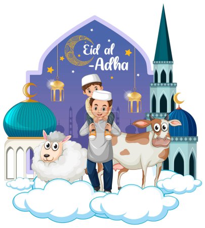 Téléchargez les illustrations : Aïd al Adha texte avec illustration de la famille musulmane - en licence libre de droit