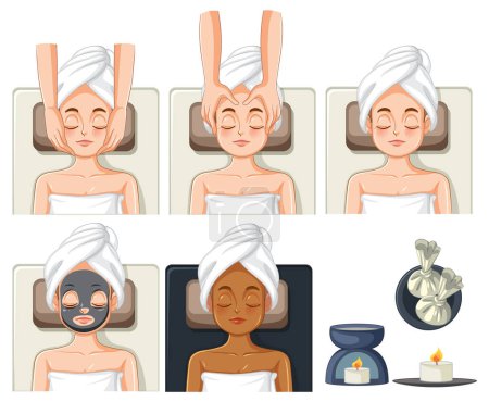 Ilustración de Colección de mujeres disfrutando de tratamientos de spa ilustración - Imagen libre de derechos