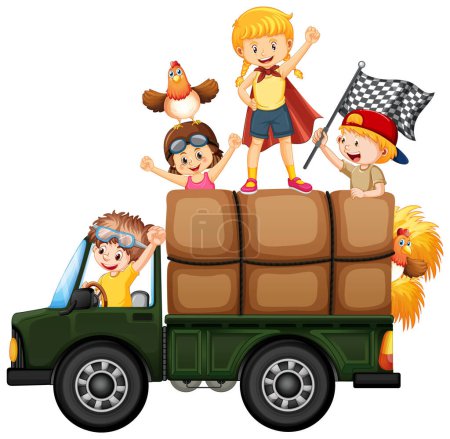 Ilustración de Un chico conduciendo camión con ilustración de amigo - Imagen libre de derechos