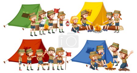 Téléchargez les illustrations : Ensemble d'enfants appréciant l'illustration du camping - en licence libre de droit
