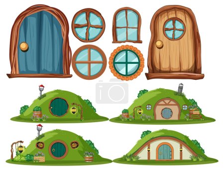 Set of hobbit house with seperate door and window illustration