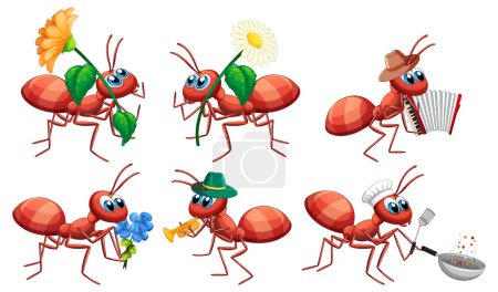 Téléchargez les illustrations : Illustration de fourmis mignonnes faisant différentes activités - en licence libre de droit