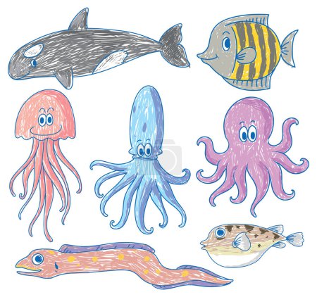 Téléchargez les illustrations : Enfants simples gribouillage de créatures marines illustration - en licence libre de droit