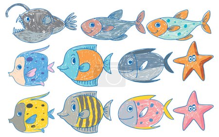 Ilustración de Niños simples garabatos de ilustración de peces - Imagen libre de derechos