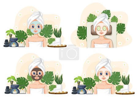 Illustration for Collection of Women Relaxing with a Face Mask Treatment illustration - Royalty Free Image