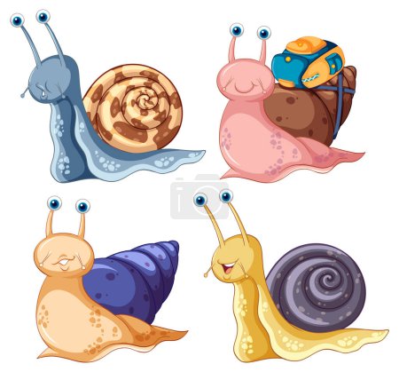 Set of different snails cartoon characters illustration