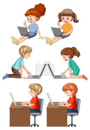 Illustration for Set of children with computer illustration - Royalty Free Image