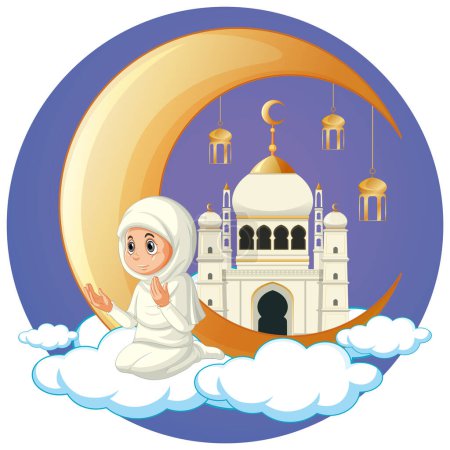 Téléchargez les illustrations : Fille musulmane arabe priant avec l'illustration du croissant de lune - en licence libre de droit