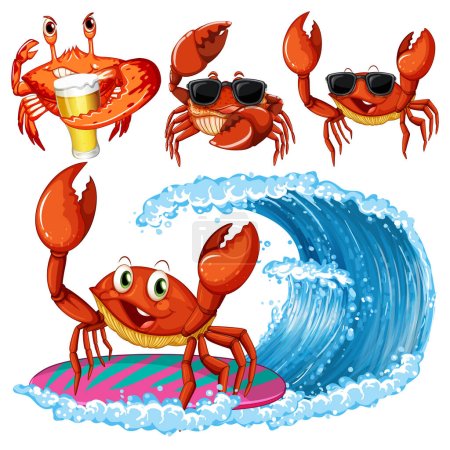 Téléchargez les illustrations : Ensemble de créatures marines personnage de dessin animé dans l'illustration d'été - en licence libre de droit