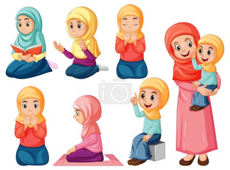 Illustration for Set of muslim people cartoon character illustration - Royalty Free Image