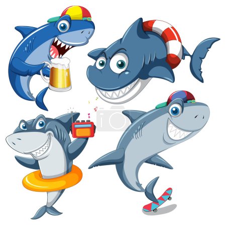 Téléchargez les illustrations : Requin faisant différentes activités Illustration de personnages de bande dessinée - en licence libre de droit