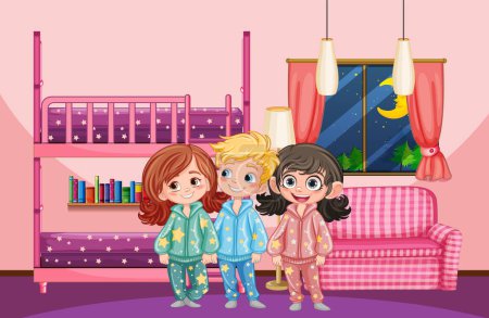 Ilustración de Niños en el dormitorio con ilustración de pijamas - Imagen libre de derechos