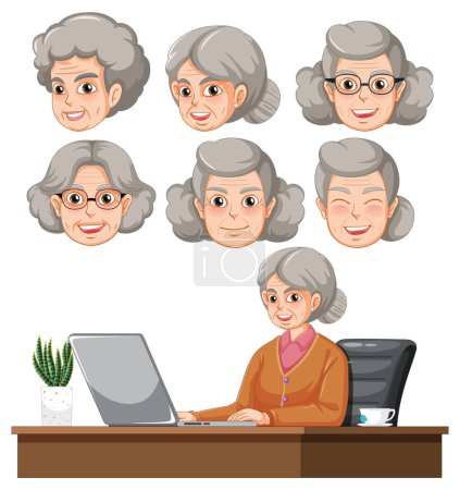 Téléchargez les illustrations : Ensemble de grand-mère avec différentes expressions faciales utilisant l'illustration de l'ordinateur - en licence libre de droit