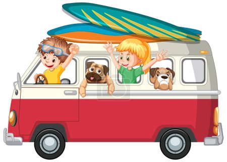 Téléchargez les illustrations : Voyage d'été sur route avec des animaux illustration - en licence libre de droit