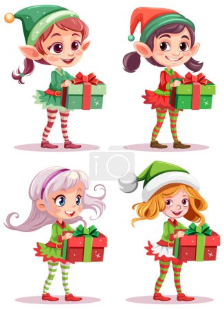 Ilustración de Conjunto de personajes de dibujos animados con ilustración de regalo de Navidad - Imagen libre de derechos