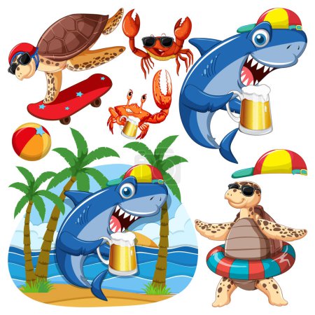 Téléchargez les illustrations : Ensemble de créatures marines personnage de dessin animé dans l'illustration d'été - en licence libre de droit