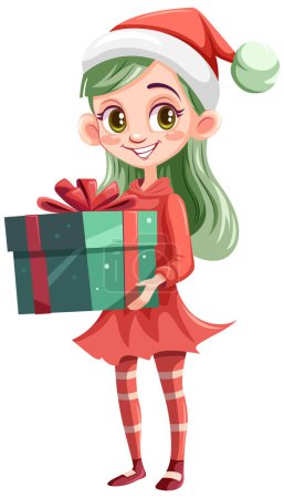 Téléchargez les illustrations : Personnage de dessin animé de Noël tenant boîte cadeau illustration - en licence libre de droit