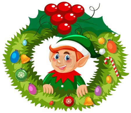 Téléchargez les illustrations : Couronne de Noël elfe en illustration de style dessin animé - en licence libre de droit