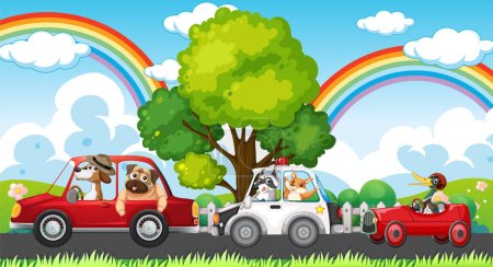 Téléchargez les illustrations : Animaux conduisant différentes voitures illustration - en licence libre de droit