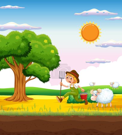 Téléchargez les illustrations : Paysage agricole rustique avec un garçon et ses moutons illustration - en licence libre de droit