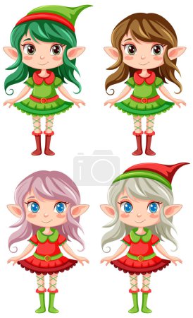 Ilustración de Conjunto de personaje de dibujos animados en la ilustración traje de elfo de Navidad - Imagen libre de derechos