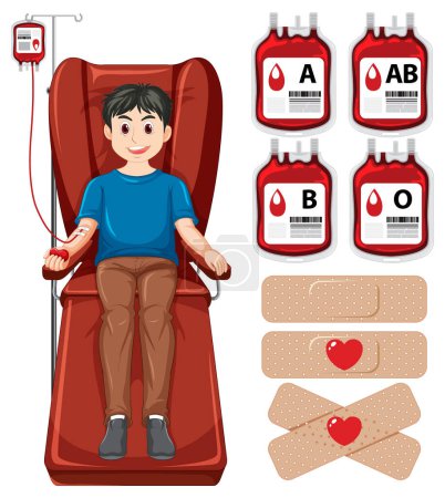 Illustration for Man donor blood with blood bag and plaster bandage illustration - Royalty Free Image