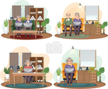 Téléchargez les illustrations : Senior People Using Laptop Set illustration - en licence libre de droit