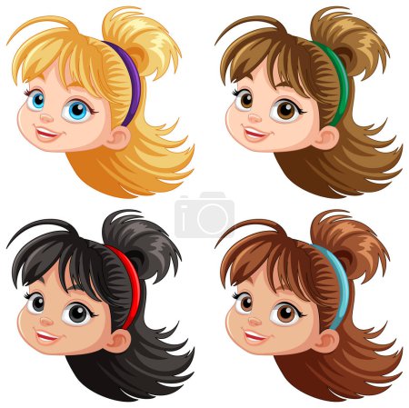 Illustration pour Ensemble de fille tête de dessin animé différentes couleurs de cheveux illustration - image libre de droit