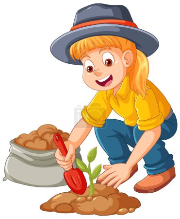 Ilustración de Agricultor plantando una pequeña planta en el suelo ilustración aislada - Imagen libre de derechos
