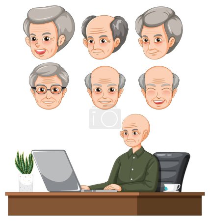 Ilustración de Conjunto de abuelo con diferente expresión facial usando ilustración por computadora - Imagen libre de derechos