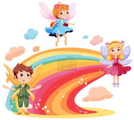 Ilustración de Lindo personaje de dibujos animados hadas fantasía volando sobre la ilustración arco iris - Imagen libre de derechos