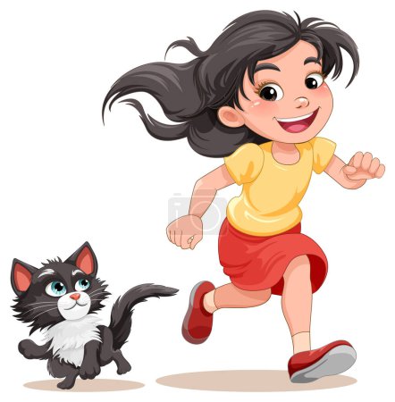 Ilustración de Feliz chica asiática corriendo ilustración de dibujos animados - Imagen libre de derechos