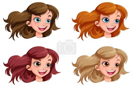 Téléchargez les illustrations : Collection de différentes têtes de filles Illustration de personnages de bande dessinée - en licence libre de droit
