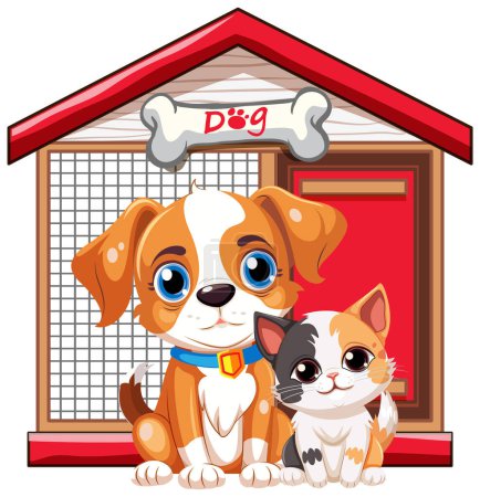 Illustration for Dog in front of dog house illustration - Royalty Free Image