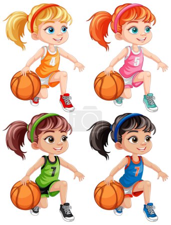 Téléchargez les illustrations : Filles mignonnes jouant au basket-ball illustration Collection - en licence libre de droit