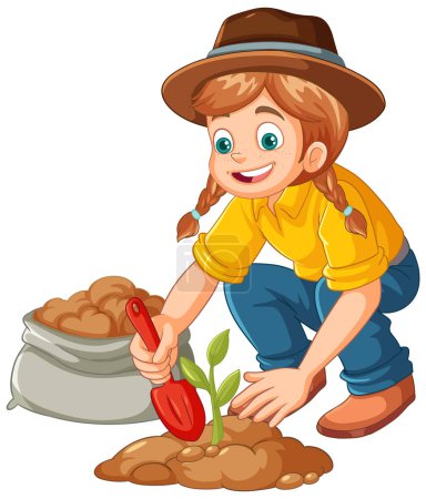 Illustration for Farmer planting small plant on the ground isolated illustration - Royalty Free Image