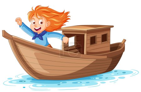 Téléchargez les illustrations : Illustration fille aventure sur bateau en bois - en licence libre de droit