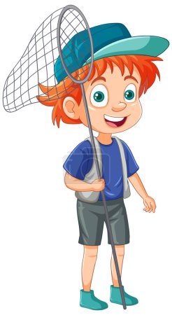 Illustration for A boy holding net cartoon character illustration - Royalty Free Image