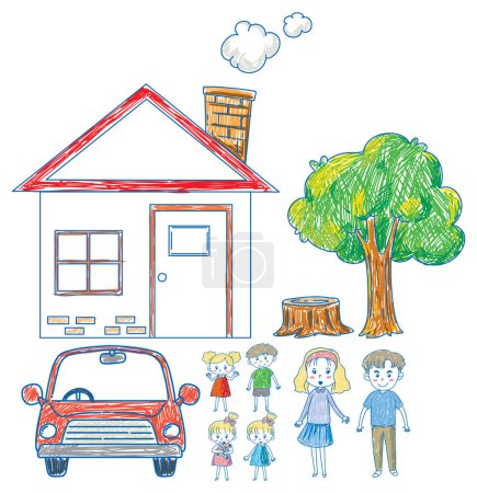 Illustration for Children drawing simple house family illustration - Royalty Free Image