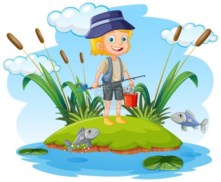 Illustration for Cartoon Girl Fishing in the Pond illustration - Royalty Free Image