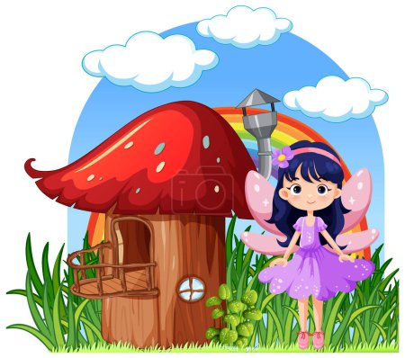 Téléchargez les illustrations : Maison de champignons conte de fées avec illustration de dessin animé de fée - en licence libre de droit