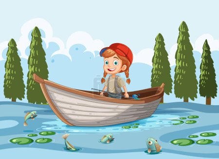 Ilustración de Chica feliz en barco en la escena del lago ilustración - Imagen libre de derechos