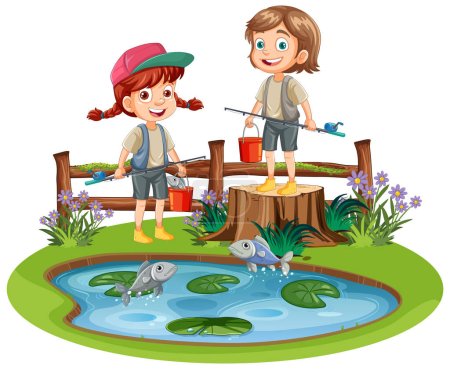 Illustration for Kids Fishing in Pond illustration - Royalty Free Image