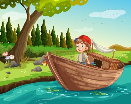 Fisherman fishing on wooden boat at the river in nature illustration