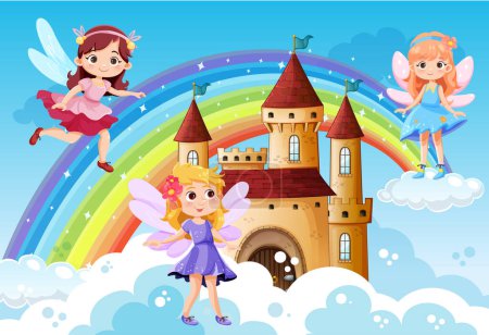 Faries flying on sky and castle background illustration