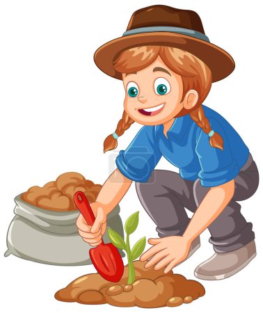 Ilustración de Agricultor plantando una pequeña planta en el suelo ilustración aislada - Imagen libre de derechos