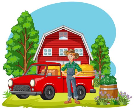 Illustration for Farm scene with farmer man character illustration - Royalty Free Image