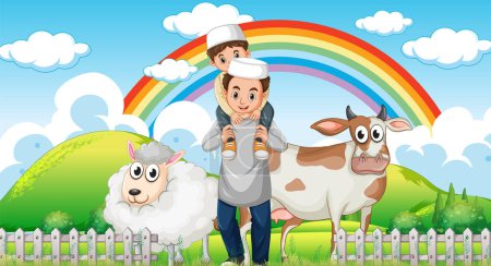 Téléchargez les illustrations : Illustration père et fils avec animaux de ferme - en licence libre de droit