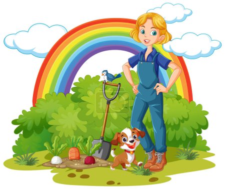 Illustration for Woman and dog at ourdoor background harvest crops illustration - Royalty Free Image